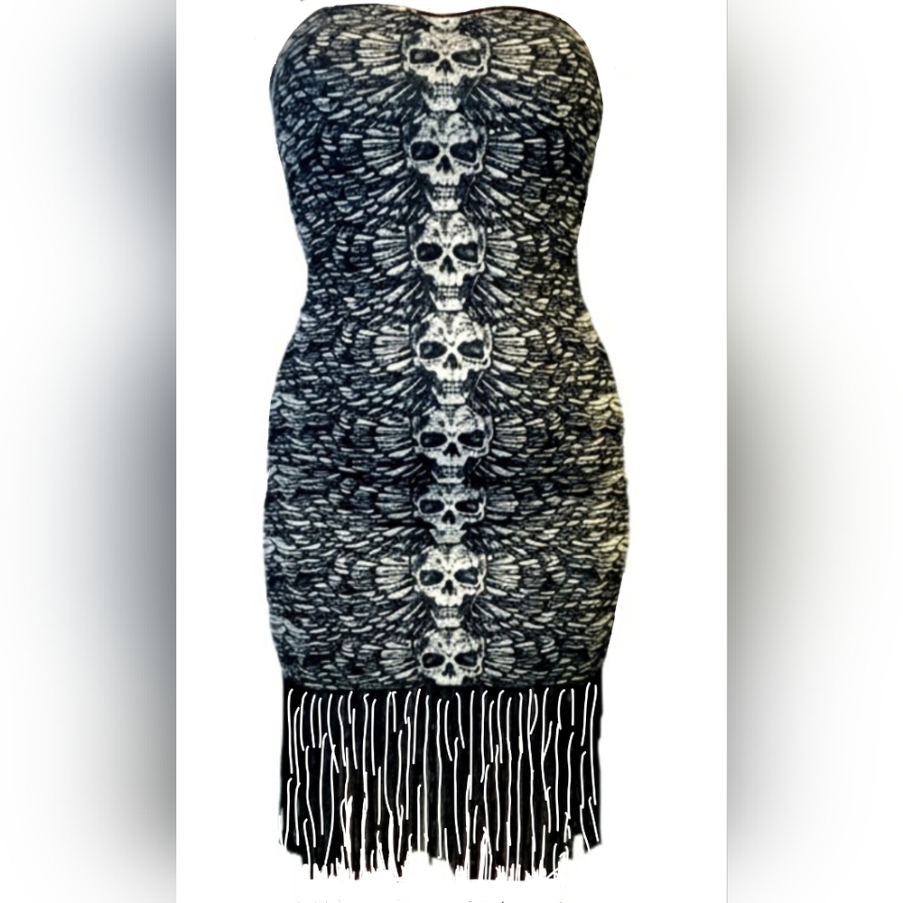 Vtg Lip Service white blk graphic skull wings tube top bodycon fringe dress XL - Picture 13 of 16